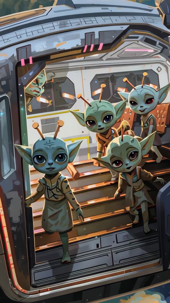Vertical video: After hatch opening, four green aliens stepping down ramp at docking bay, surveying