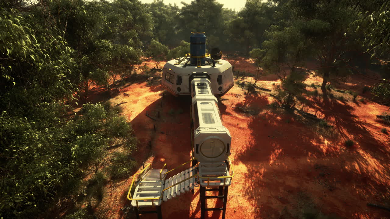 la nave espacial aterriza en un bosque remoto.