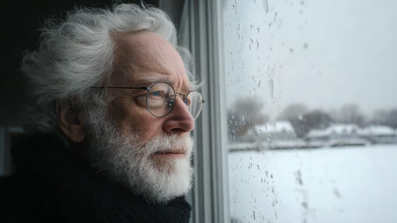 A Pensive Elderly Man Gazes Through a Rain-Splattered Window, Lost in Thought Amidst a Snowy Landscape on a Gloomy Day