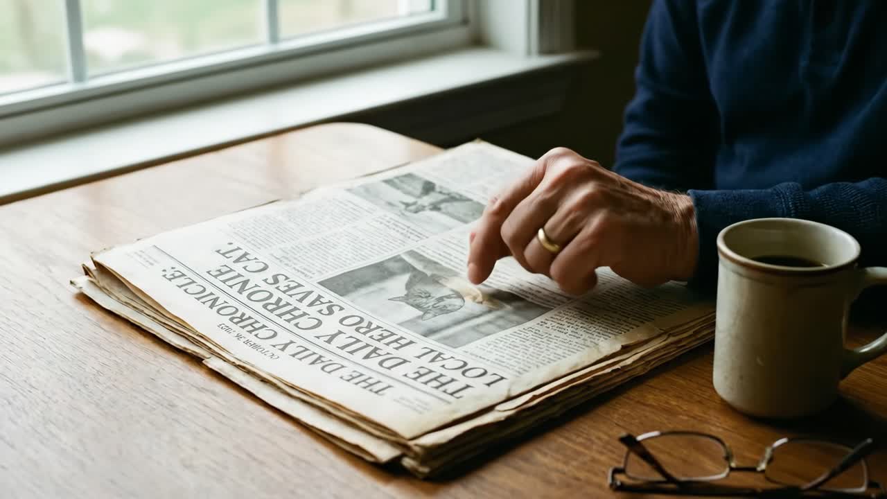 Senior Man's Hand Pointing at Newspaper Article