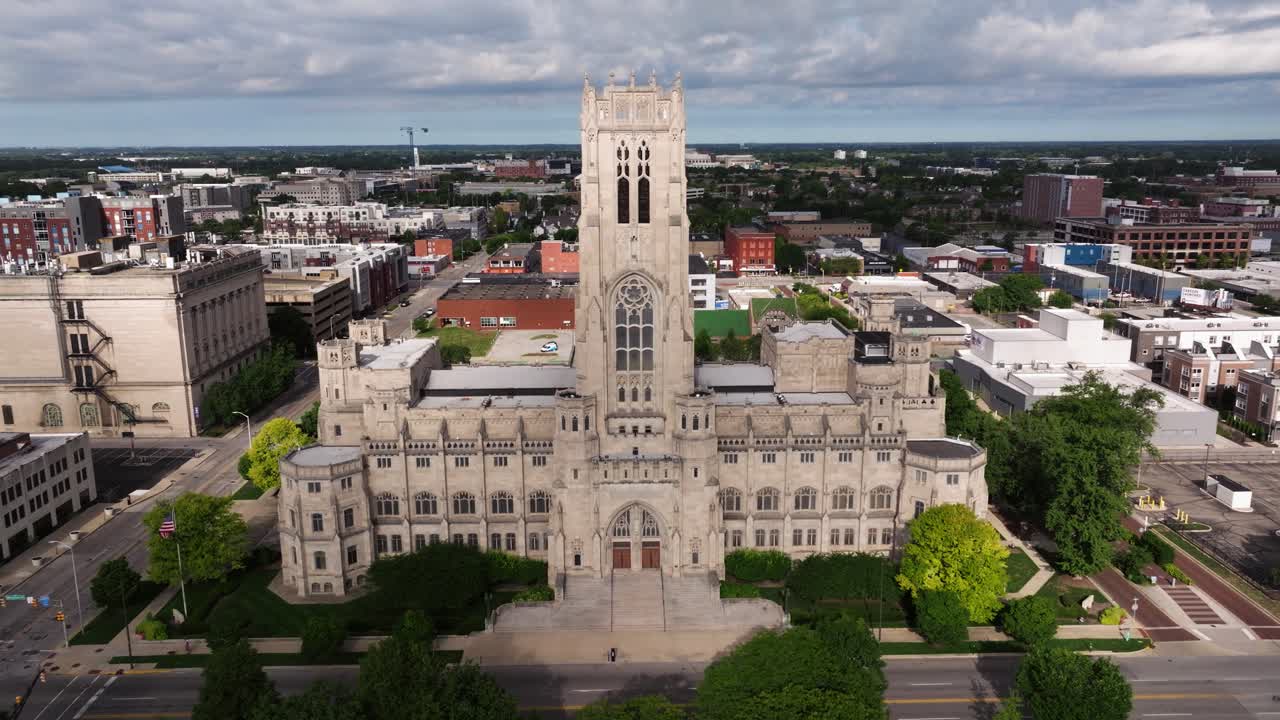 Establishing Aerial View of Scottish Rite Cathedral on Summer Day