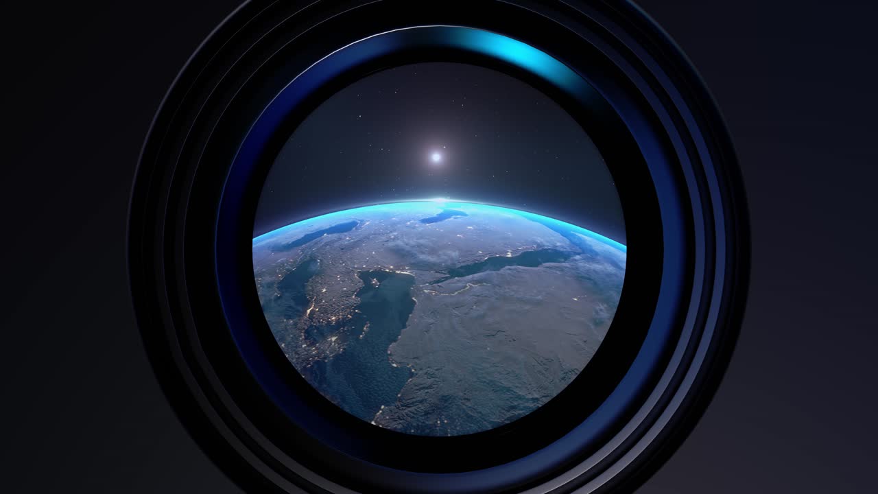 Creative view of earth seen through camera lens frame with glowing horizon and space deep space