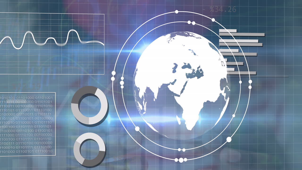 그래프의 애니메이션, 로딩 서클과 지구가  ⁇ 드폰을 들고 있는 사람의 중간 부분을 가로지르는 서클