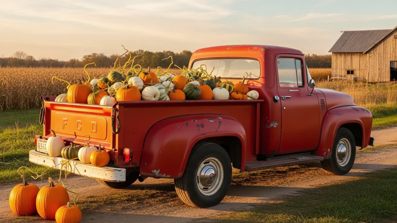 A Classic Red Truck Loaded with Vibrant Pumpkins on a Country Road, Surrounded by Lush Fields and a Rustic Barn in the Background During Golden Hour