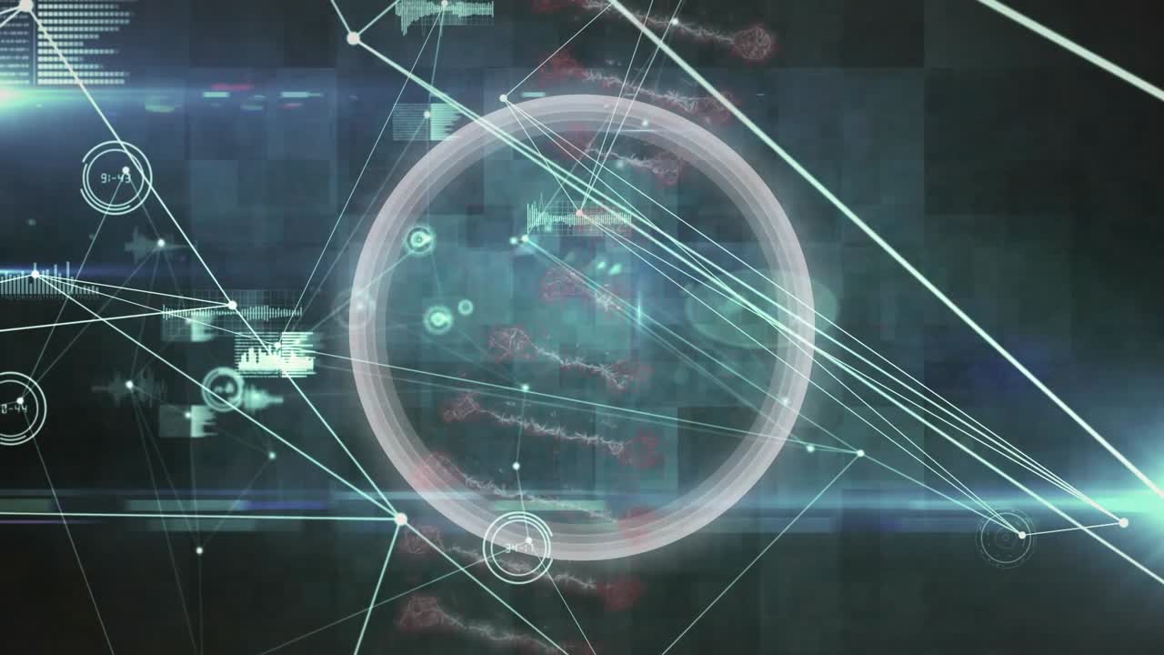 Animation of circle pulsating over dna, diverse data and connections on black background