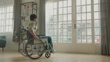 man in wheelchair looking out window