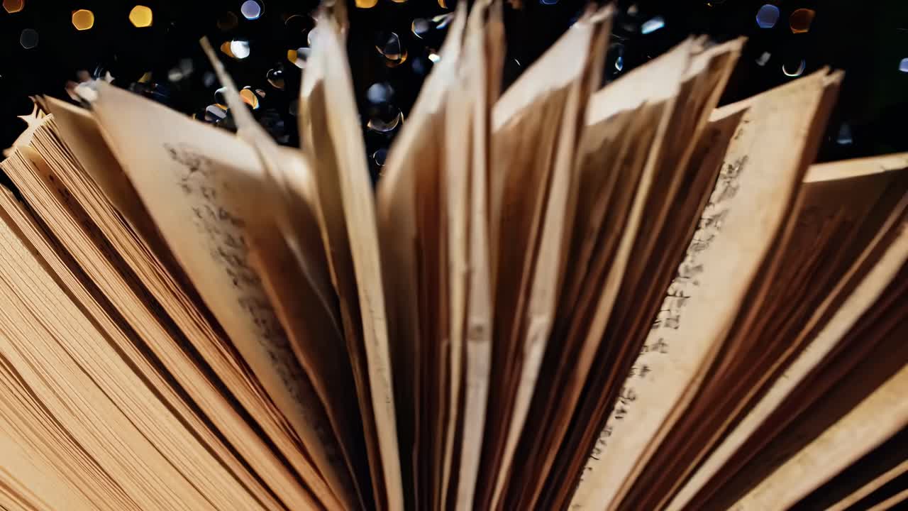Video ravvicinato di un libro aperto con le pagine a ventaglio, ripreso dal basso