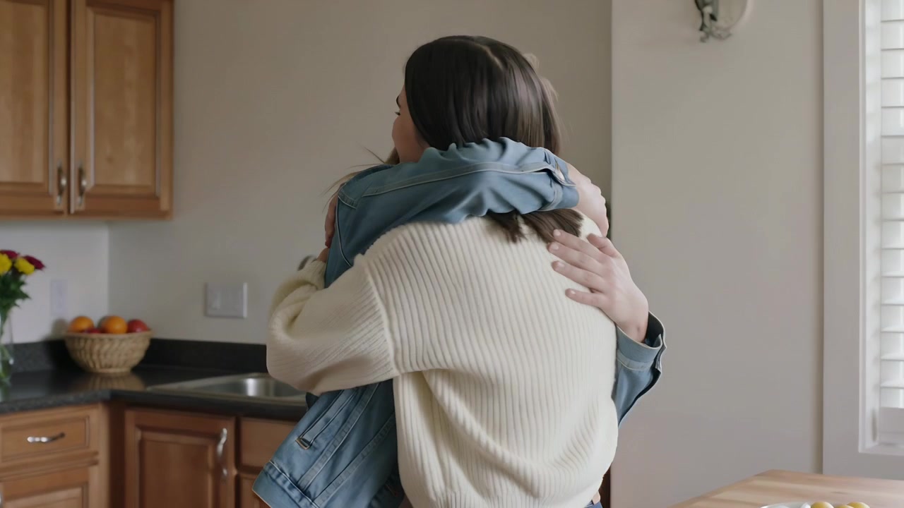 Donne con maglione color crema e giacca di jeans che si abbracciano in cucina vicino ai limoni, salutandosi.
