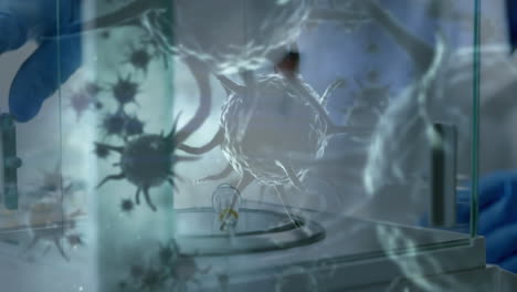 animation of coronavirus cells over science in laboratory