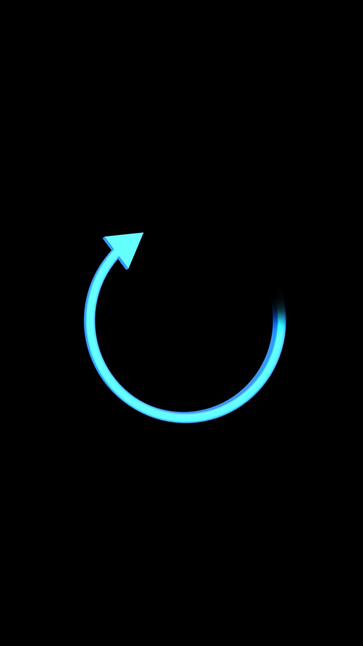 Sfondo blu di caricamento con freccia circolare e simbolo di aggiornamento luminoso su sfondo nero, rotazione fluida