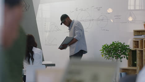 african-american-business-people-meeting-in-boardroom-creative-team-leader-businessman-presenting-corporate-lecture-showing-colleagues-information-on-whiteboard-training-students-in-startup-office