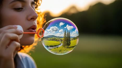 a young woman blows bubbles that encapsulate a beautiful landscape, showcasing nature's scenic beauty reflected in the translucent orbs of joy