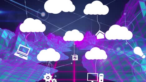 animación digital de múltiples iconos de nubes sobre estructuras de montañas en 3d y red de conexiones
