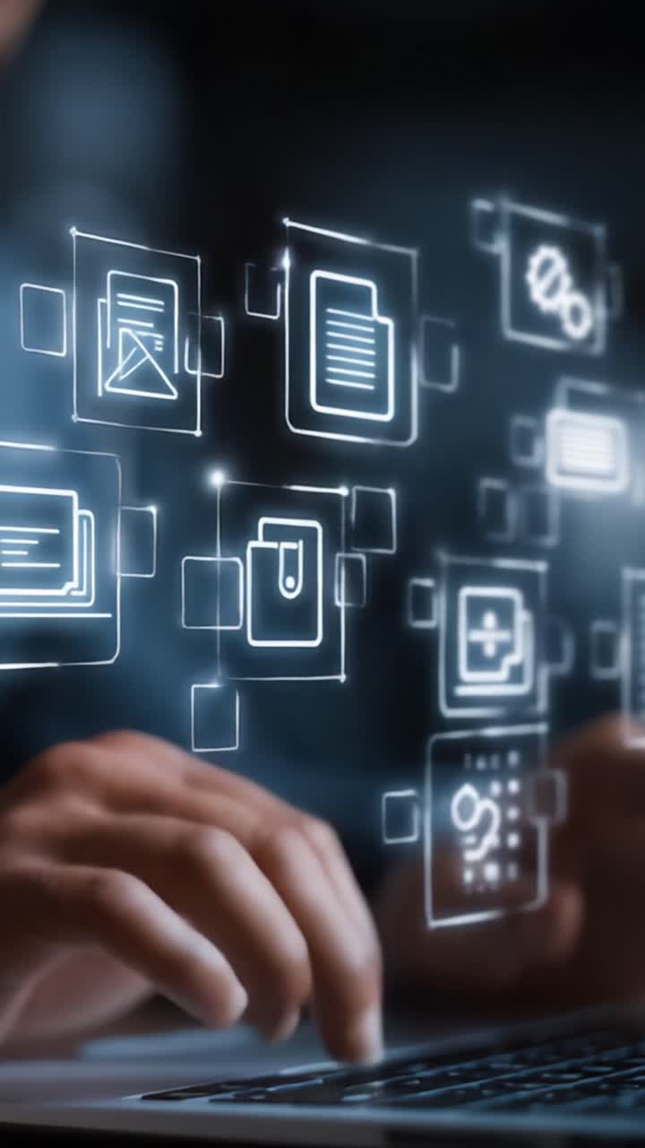 A Close-Up View of Hands Typing on a Laptop with Floating Digital Icons Representing Data and Technology, Illustrating Modern Communication and Information Exchange
