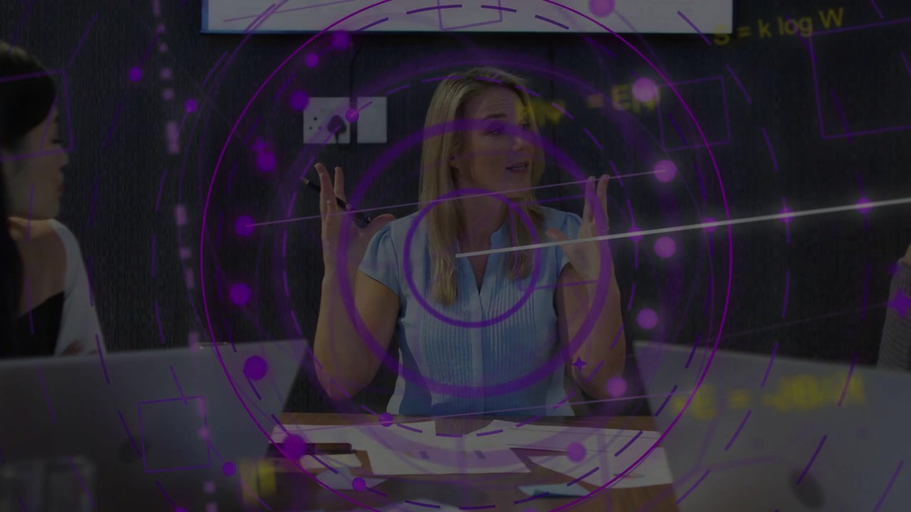 Lead speaker raising hands guiding business sync, sparking purple HUD overlay and light sweep chart