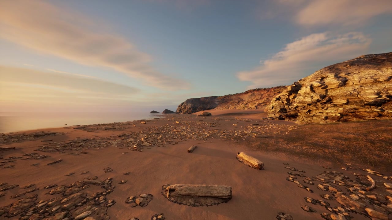 Colorful sunset illuminating rugged shoreline with dramatic sky elements