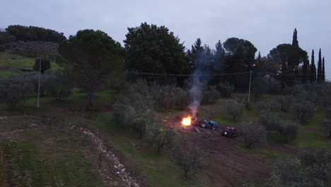 farmer near his tractors working on the narrow rows of green vineyards burning agriculture waste plants