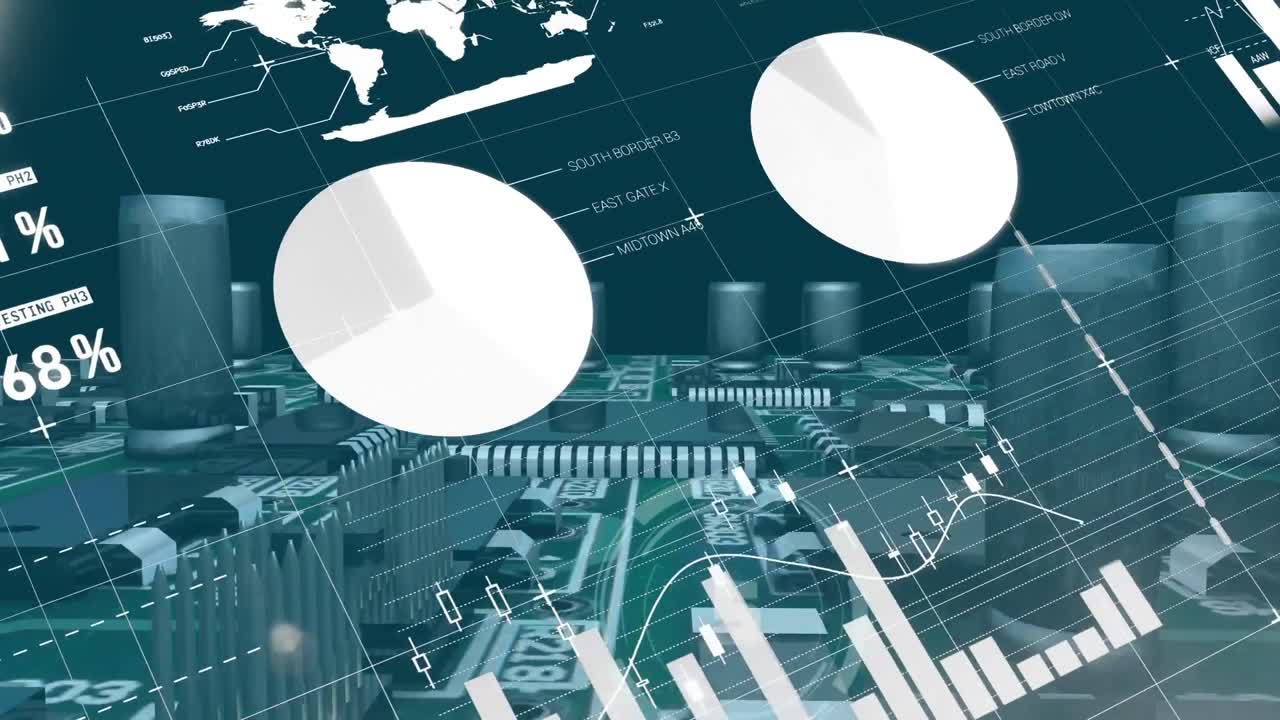 animación de estadísticas y procesamiento de datos en una placa de circuitos informáticos