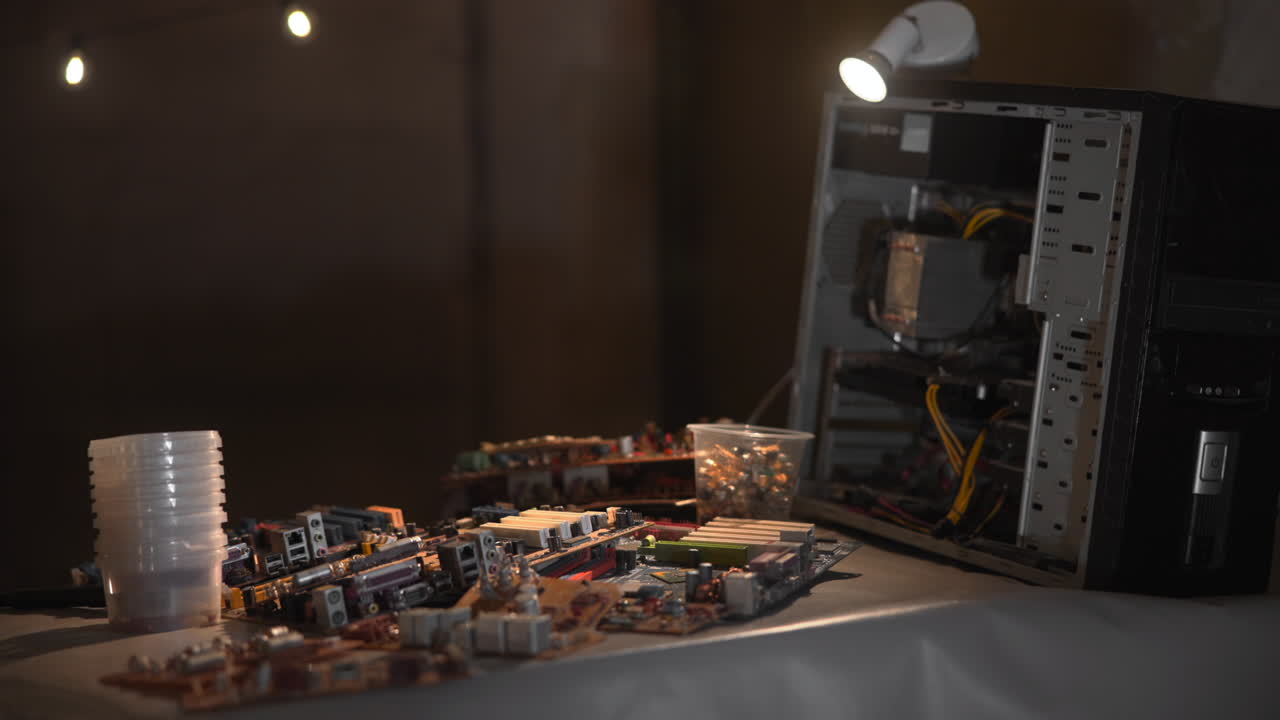 Primo piano di un circuito stampato su banco da lavoro che mostra componenti sparsi e custodia aperta sotto la lampada per un test maker