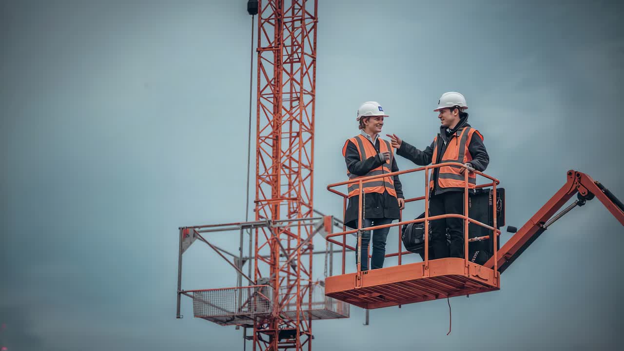 Platform stopping, two workers in hard hats and vests discussing crane task on lift, copy space