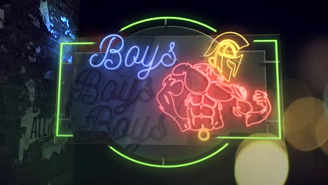 realistic 3d render of a vivid and vibrant animated flashing neon sign for an adult club depicting the words boys boys boys, with a night scene background