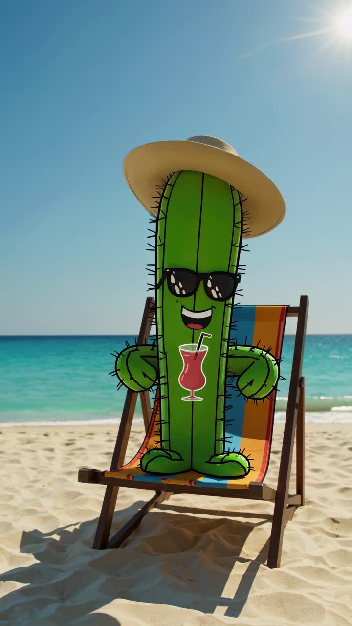Funny cactus with sunglasses and hat relaxing on beach chair drinking cocktail on a sunny beach with turquoise water, enjoying summer vacation
