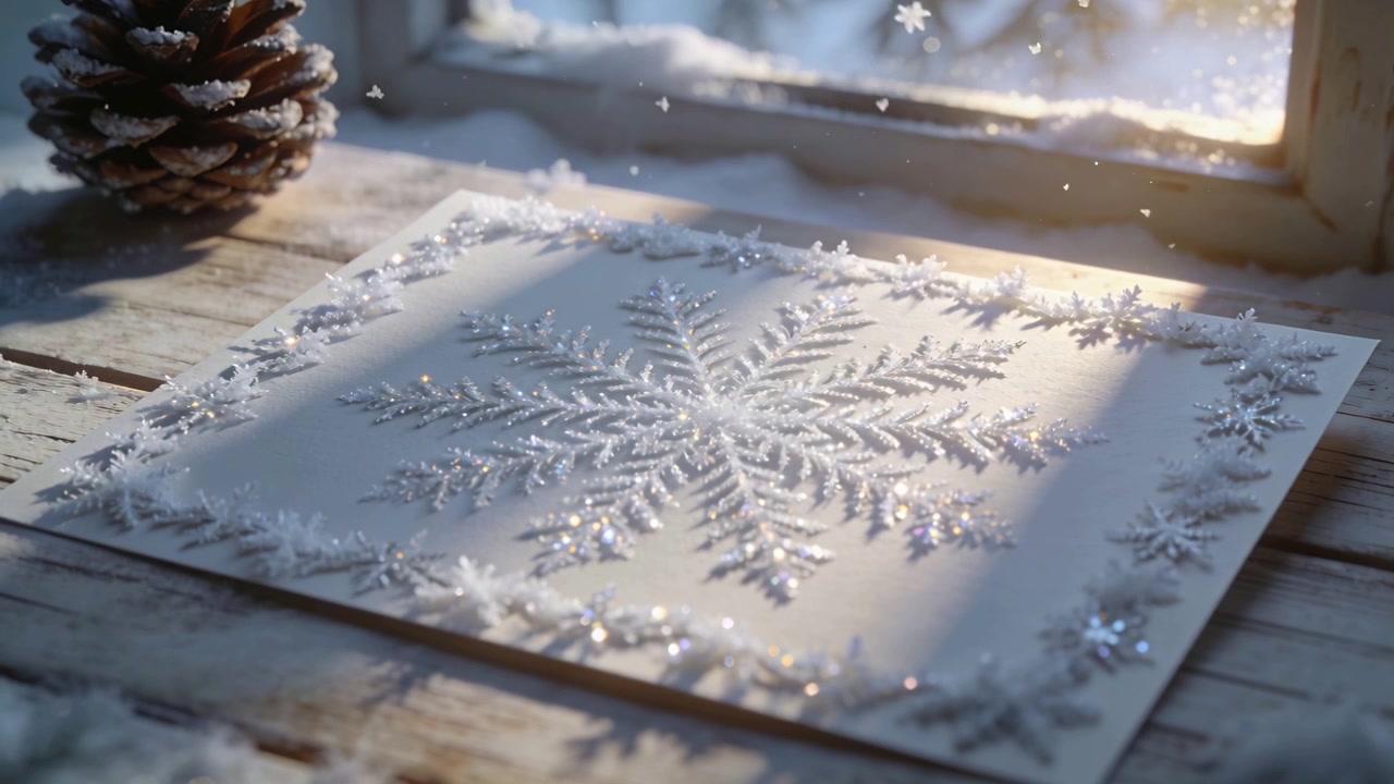 Luz solar caindo sobre o cartão fazendo flocos de neve flutuarem pela soleira, capturando reflexos de glitter.