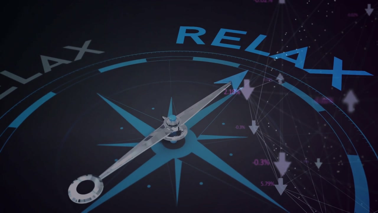 Timeline advancing gauge needle rotating, percent arrows forming graph highlighting RELAX arc