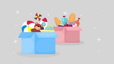 cajas de donaciones llenas de artículos esenciales