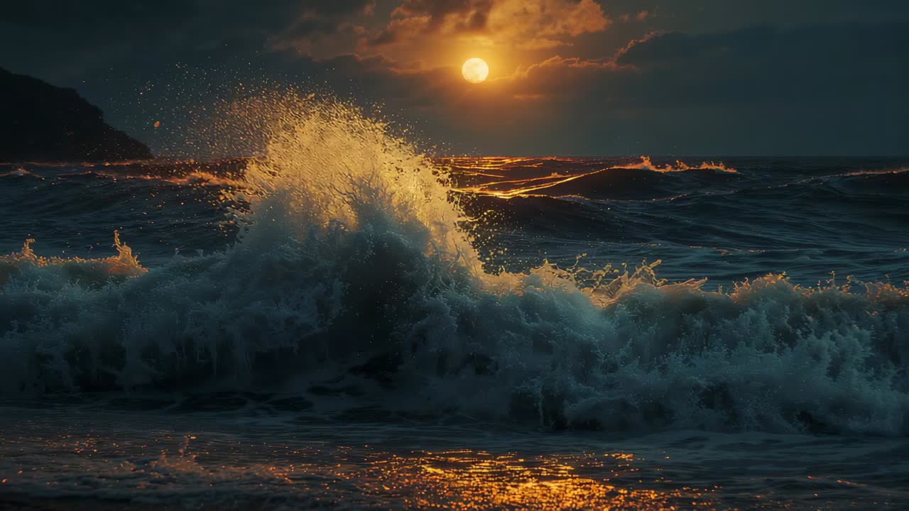 Schwebende Sonne, die schäumende Meereswellen verursacht, die auf einen sandigen Strand rollen, mit weißem Schaum