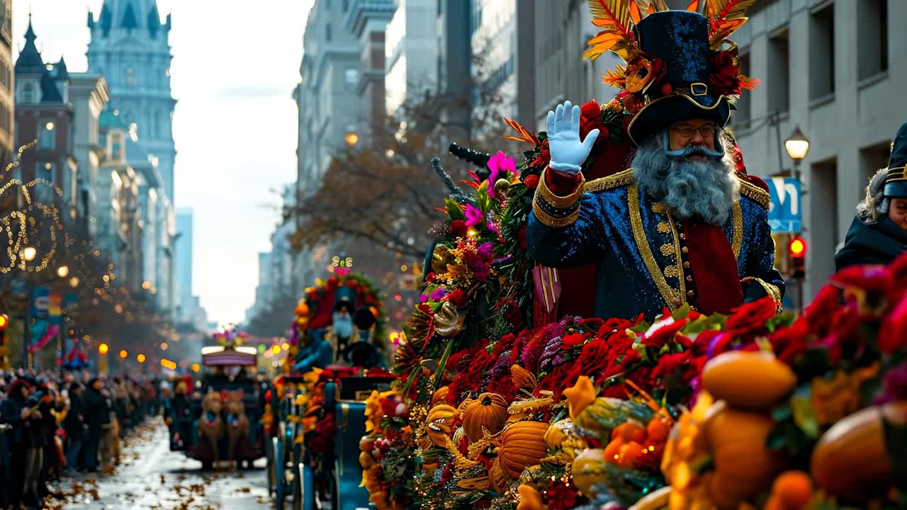 Parata autunnale con carri festivi. Una parata si svolge in città con persone che guardano dalla strada.