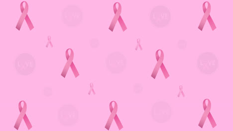 Animation-of-multiple-pink-ribbon-logo-and-breast-cancer-text-glowing-on-pink-background