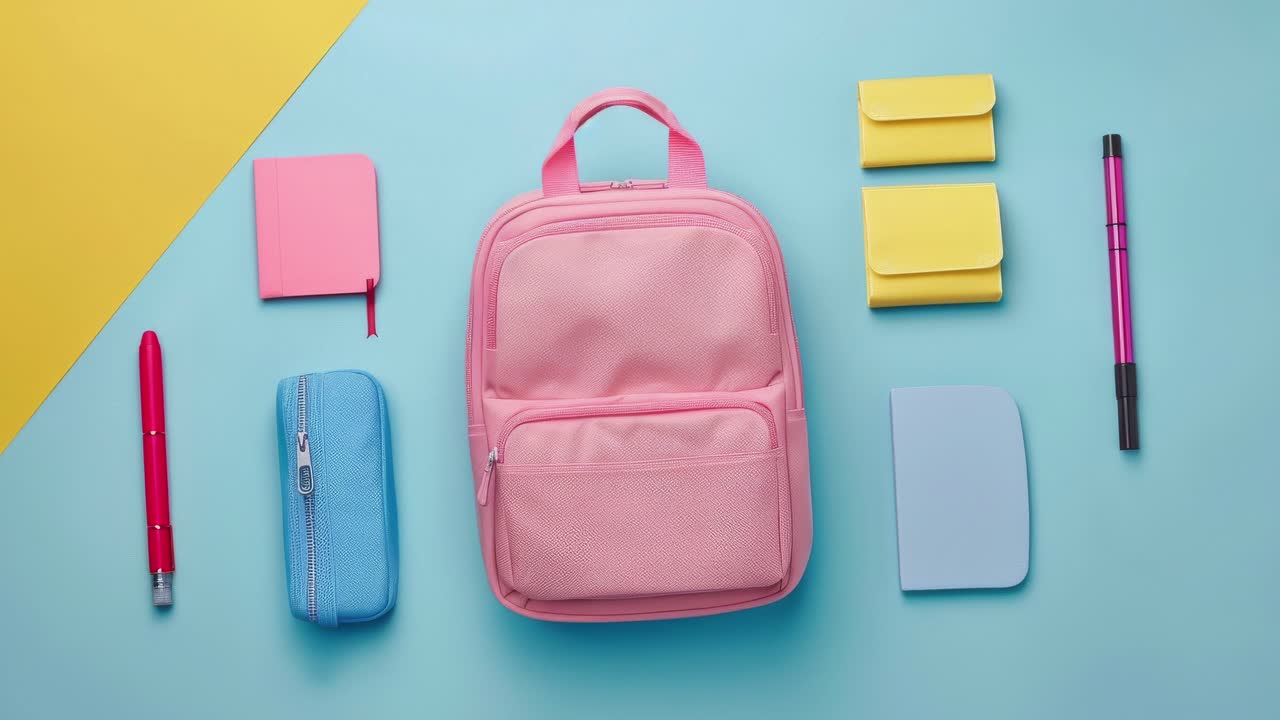 분홍색 학교 배과 장비가 다채로운 배경에