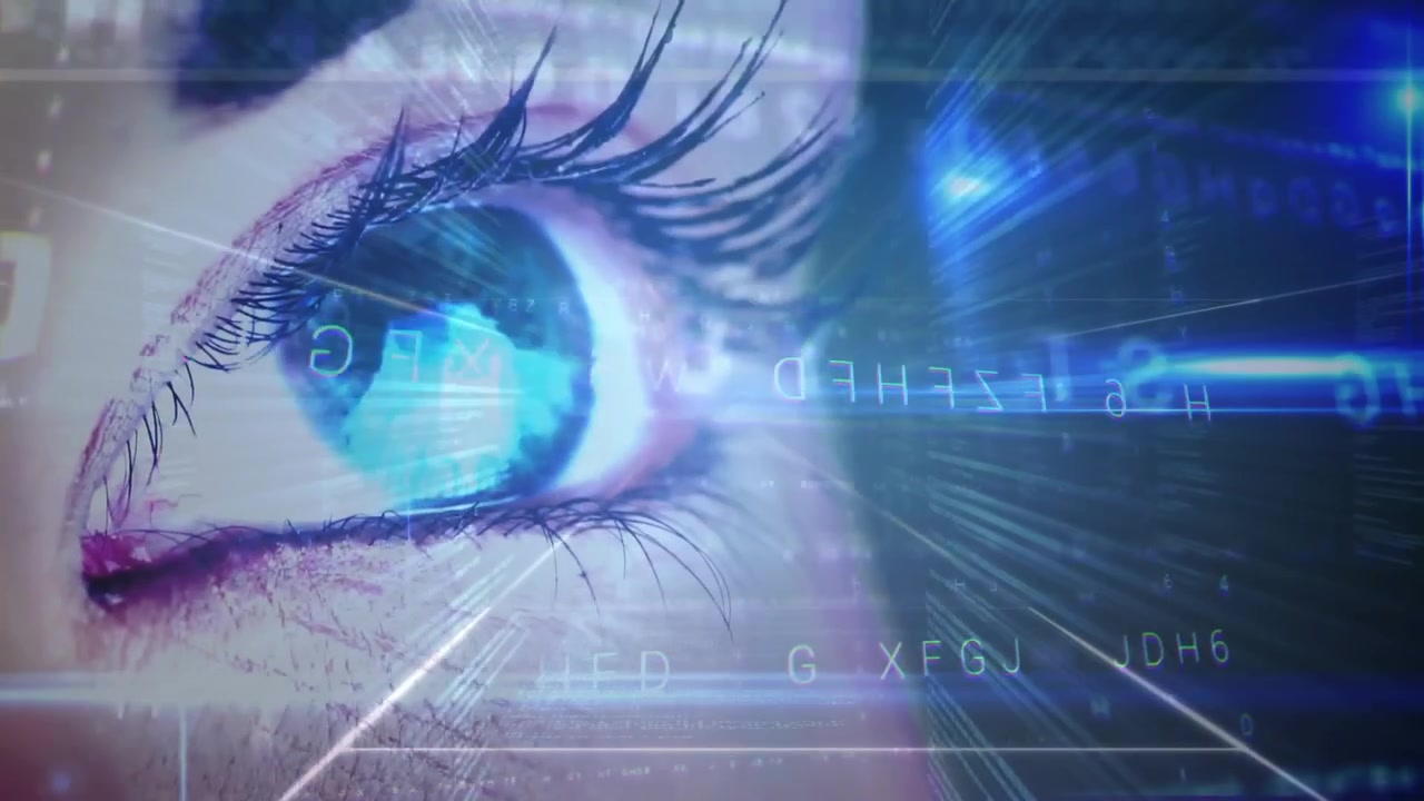 Opening showing closeup glowing iris with lasers sweeping eye and code drifting while scanning