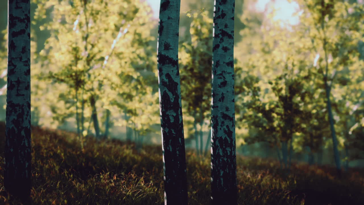 un bosque pacífico y tranquilo con abedules bañados por la cálida luz del sol
