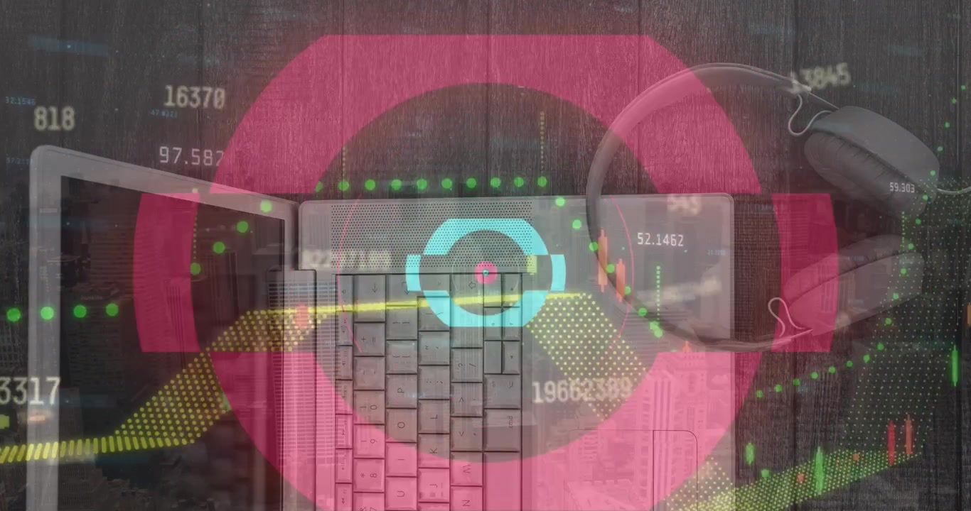 Animation of network of connections and binary coding and data processing over globe