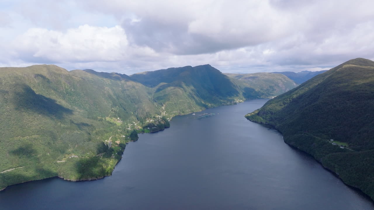 Drone footage of Norwegian fjord near Osterøy on the western coast of Norway