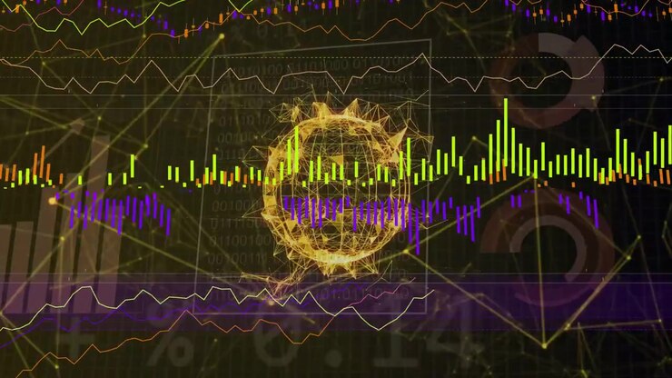 Fili che formano una sfera wireframe dorata, che ruota e pulsa; dashboard che si costruiscono per l'analisi dei dati.