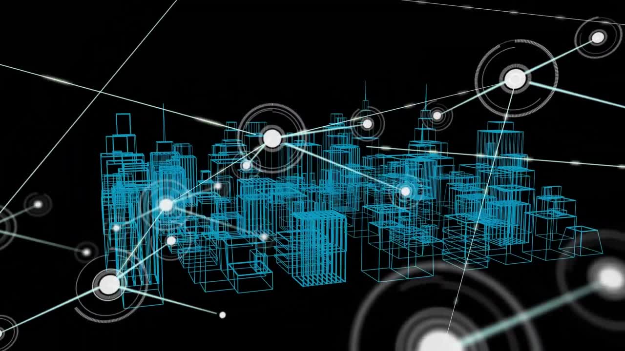 검은 바탕에 회전하는 3d 도시 그림 위에 아이콘으로 연결된 네트워크의 애니메이션