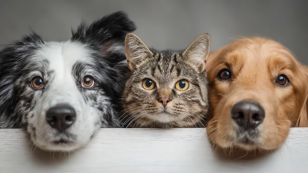 A Heartwarming Trio of Pets: A Dog, a Cat, and Another Dog, All Peering Over a Surface with Curious Expressions, Captured in Two Charming Frames