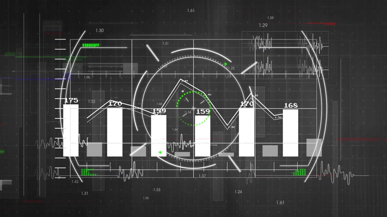 Digital Data Visualization with Animated Bar Charts and HUD Interface