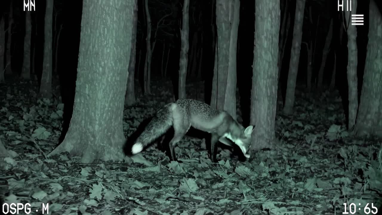 Night vision video still of a fox in a forest, captured from a low angle