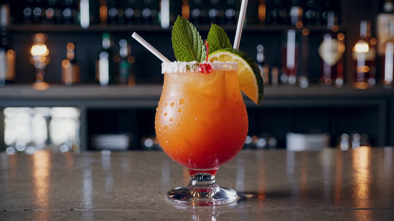 Vibrant orange cocktail garnished with lime, mint, and cherry sitting atop wooden bar counter against softly blurred backdrop of liquor shelves and bottles