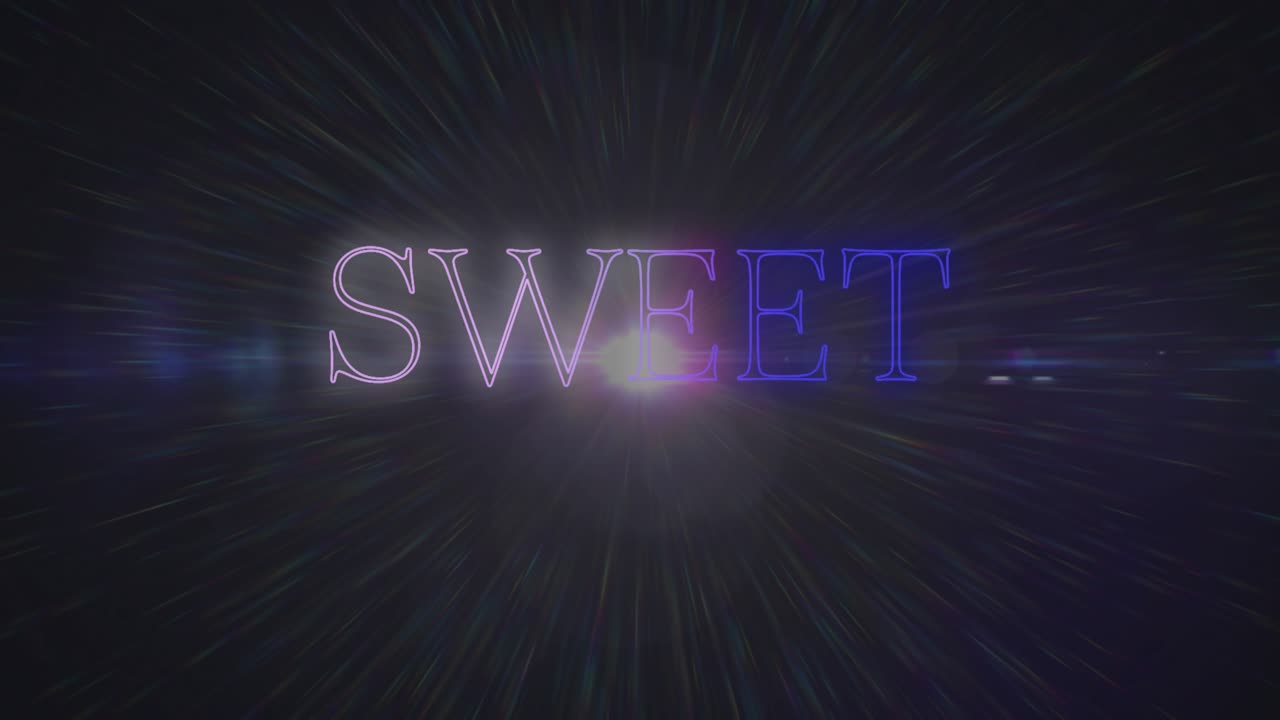 Luce puntiforme che emerge da dietro SWEET, bagliore che cresce ed emette striature radiali per la rivelazione del titolo