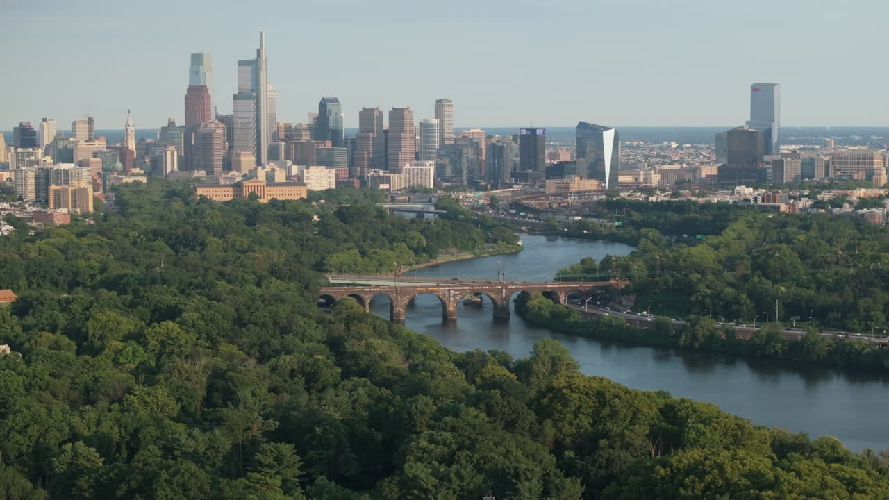 Aerial view of Philadelphia and Fairmount Park. Shot on a summer day