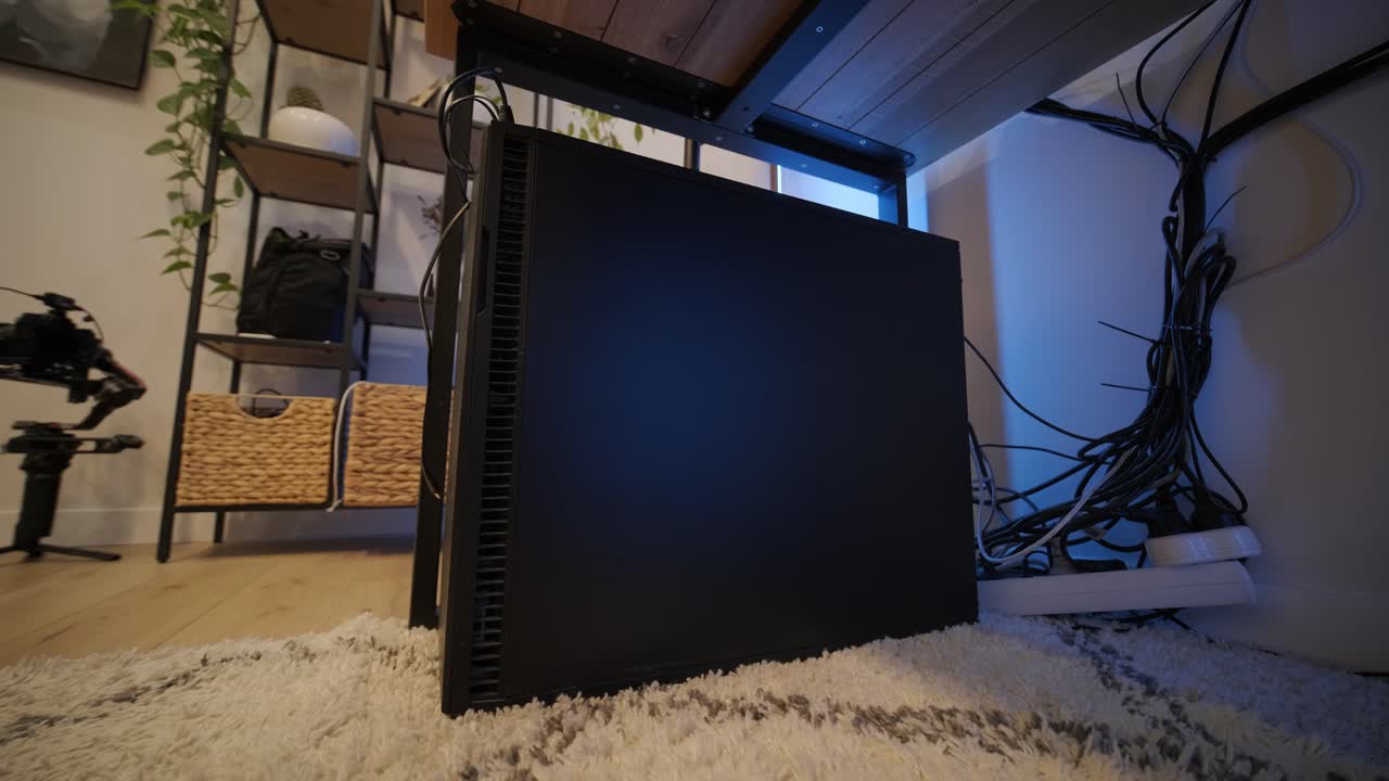 Computer Tower Under Desk with Messy Cables and Power Strip
