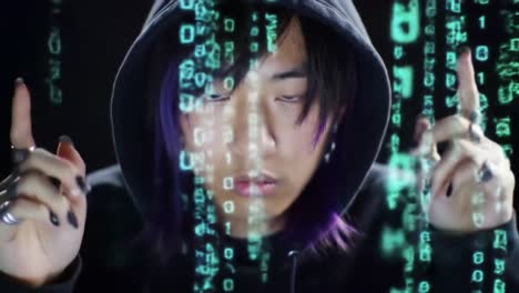 a mysterious figure in a hoodie engaged in a digital world surrounded by glowing binary code, emitting an aura of intrigue and technological mastery