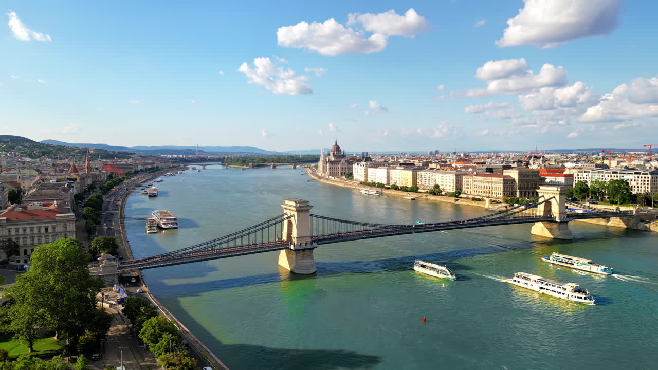 Aerial drone view of Budapest, Hungary. Chain Bridge over the Danube river with floating boats, Hungarian Parliament in the distance, a lot of greenery and classic buildings