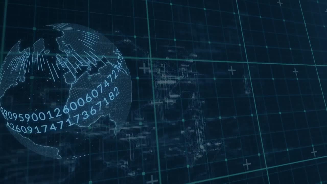 анимация вращающегося глобуса и обработка данных на синем фоне