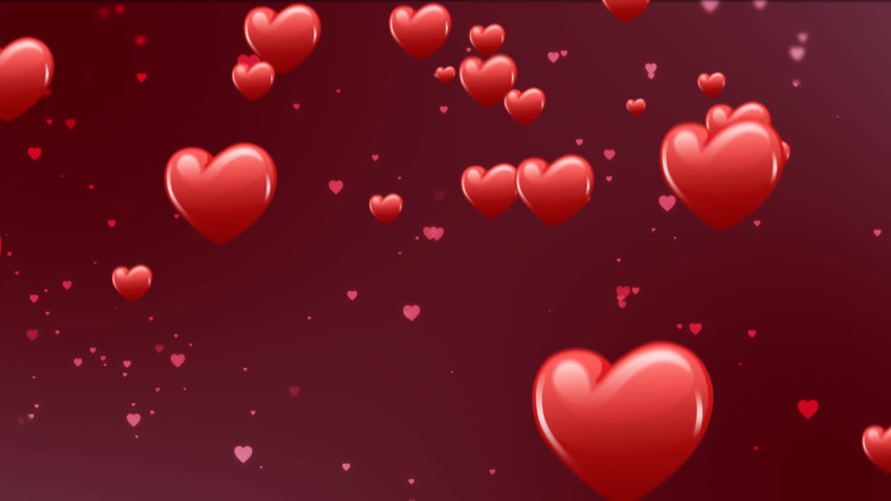 Animazione di icone di cuori rossi che fluttuano su sfondo rosso